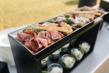 Different luzury snacks and antipasto on party. Gig table with snack outdoors