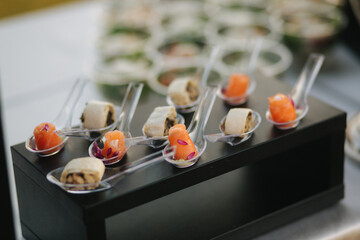 Different luzury snacks and antipasto on party. Gig table with snack outdoors