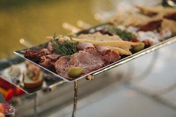 Different luzury snacks and antipasto on party. Gig table with snack outdoors