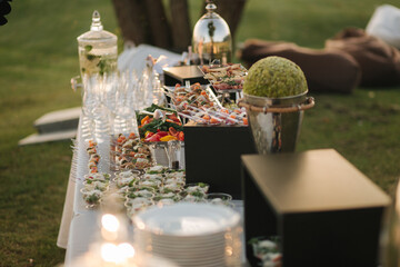 Big table with different luxury snacks on the deluxe party outdoors in sunset