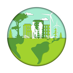 Green City Development, Renewable Energy Concept. Family Lives In Modern Green City. Green Energy Sources Include Wind, Geo-thermal, Hydro, Solar Energy. Isolated Logo, Flat Style Vector Illustration