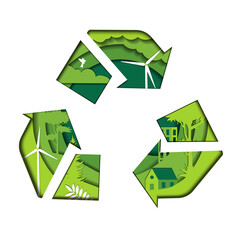 Obraz premium Eco Friendly, Recycling, Environment Conservation Concept. Layered Light Green Recycle Sign Decorated WIth Parts Of Green Environment, Isolated On White Background. Flat Style Vector Illustration