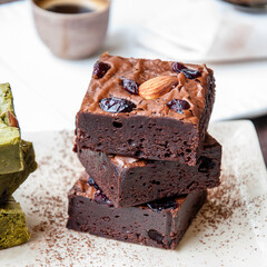 Homemade Brownie chocolate Green tea macha cake and coffee