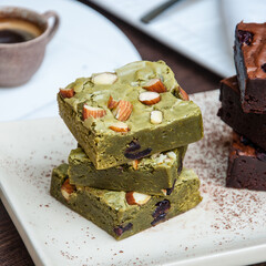 Homemade Brownie chocolate Green tea macha cake and coffee