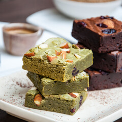 Homemade Brownie chocolate Green tea macha cake and coffee