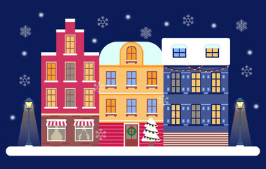 Christmas Eve in cozy city concept vector. Winter night panorama in town with street lightens. Snowy town or village landscape in the evening with snow fall. Gingerbread house