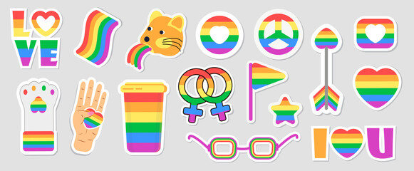 LGBT community set vectors. Icons of pride flags, rainbow colored pencil, heart, hand are shown. Pride month concept illustration. Arrow, ring, envelope in gay, bisexual