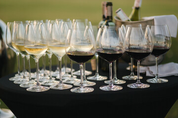 Vine glasses on the table outdoors on evening coupryside party