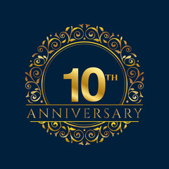10th years old luxurious logo. Anniversary year of 10 th vector gold colored template framed of palms. Greetings ages celebrates. Celebrating laurel branches. 1 st place symbol of victory and success