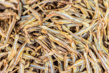 Small dried fish in supermarket.