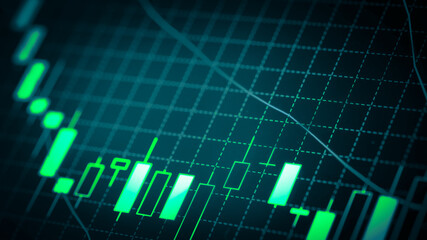 Stock market chart which including of currency symbol and Up/Down trend on monitor. Yellow Background with currency bars and candlestick chart