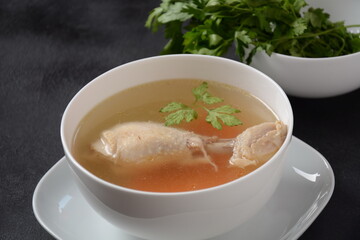Chicken bouillon broth,  boiled meat chicken leg. 