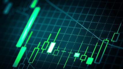 Stock market chart which including of currency symbol and Up/Down trend on monitor. Yellow Background with currency bars and candlestick chart