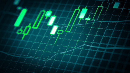 Stock market chart which including of currency symbol and Up/Down trend on monitor. Yellow Background with currency bars and candlestick chart