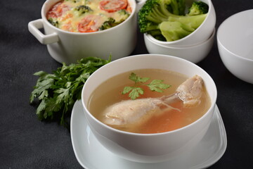Chicken bouillon broth,  boiled meat chicken leg. 