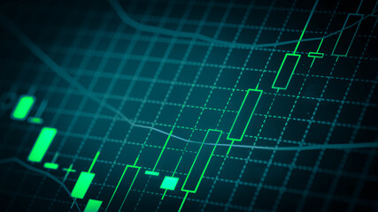 Stock market chart which including of currency symbol and Up/Down trend on monitor. Yellow Background with currency bars and candlestick chart