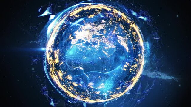 Earth globe in the era of digital tech, artificial intelligence, computer age. Evolution of technological progress