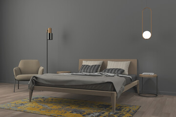 Luxury, confortable and cozy home bedroom interior with unmade velvet beige bed, light and dark grey cushions on empty grey wall background. Wood floor. 3D rendering.
