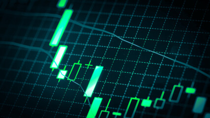 Stock market chart which including of currency symbol and Up/Down trend on monitor. Yellow Background with currency bars and candlestick chart