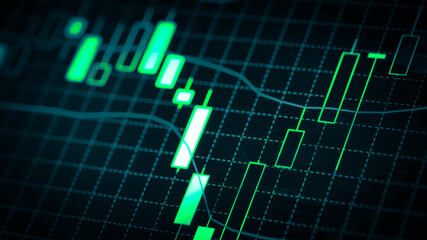 Stock market chart which including of currency symbol and Up/Down trend on monitor. Yellow Background with currency bars and candlestick chart