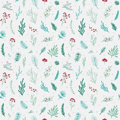 Beautiful Christmas wrapping paper. Winter seamless pattern.  Floral endless background with red berries and blue pine branches on white background.