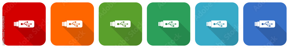 Poster Usb icon set, flat design vector illustration in 6 colors options for webdesign and mobile applications