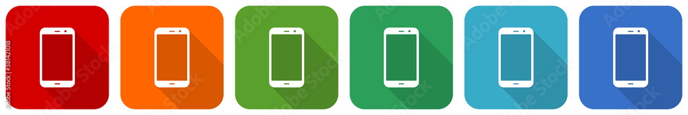 Poster smartphone icon set, flat design vector illustration in 6 colors options for webdesign and mobile ap