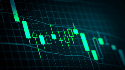Stock market chart which including of currency symbol and Up/Down trend on monitor. Yellow Background with currency bars and candlestick chart