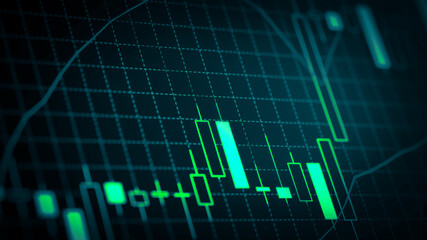 Stock market chart which including of currency symbol and Up/Down trend on monitor. Yellow Background with currency bars and candlestick chart