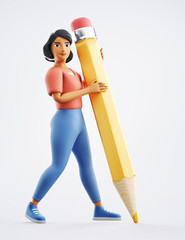 Woman drawing with big pencil. Creative concept. 3d cartoon character