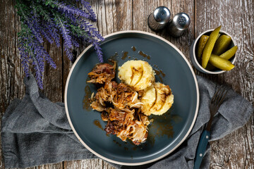 Fried liver with onion.