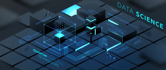 Artificial intelligence and robotic quantum computing processor isometric concept for business technology, engineering and innovations design. Eps10 vector illustration