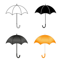 Set of vector icons of umbrellas isolated on white background. Linear, silhouette, color illustrations of open umbrellas.