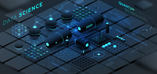 Artificial intelligence and robotic quantum computing processor isometric concept for business technology, engineering and innovations design. Eps10 vector illustration