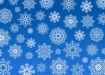 Snow flakes background, white snowflakes on blue background. New Year background, random size flakes, different symmetric patterns.