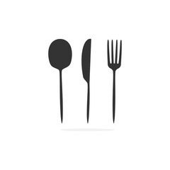 Food flat icon. Fork, spoon and knife black silhouette. Kitchen tools vector set.