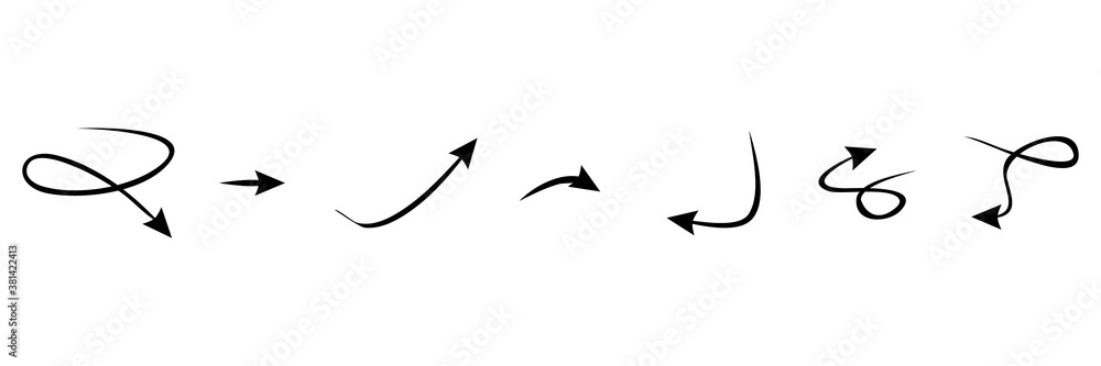 Poster doodle arrow icon set. black handmade curve arrows collection vector illustration. isolated on white