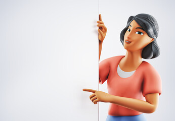 Close-up of a smiling woman pointing at empty template mockup. 3d cartoon character