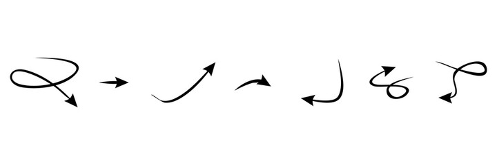 Doodle arrow icon set. Black handmade curve arrows collection vector illustration. Isolated on white.