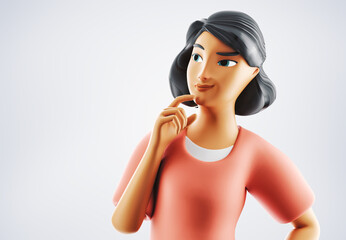 Close-up of a thinking pretty woman. 3d cartoon character