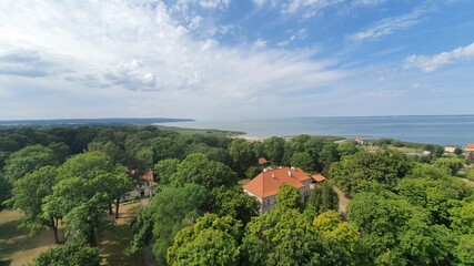 Aerial view of the edge of the Vistula Lagoon in Frombork, Poland