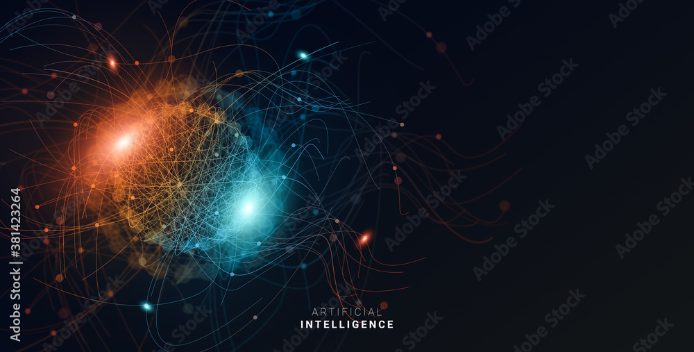 Poster futuristic technological illustration for artificial intelligence concept with glowing neural connec