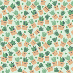 Pattern of indoor plants and flowers in pots. Flat style vector illustration on light background with circles