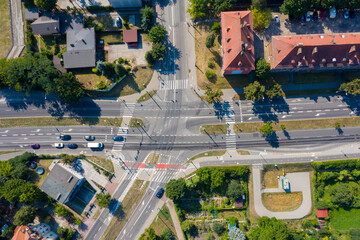 Widok z lotu ptaka na skrzyżowanie ulic z trakcją tramwajową na Roosvelta, Kazimierza Wielkiego i Mieszka I, Gorzów Wielkopolski, Polska © Be