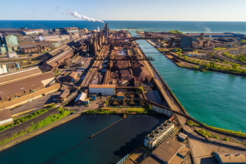 Aerial View of Industrial Midwest Steel Mill Facility along Lake Michigan.