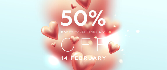 14 February Happy Valentines Day background composition template with 3d love hearts for trendy banner, placard, poster or wedding greeting card. Vector illustration