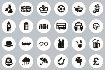 United Kingdom Country & Culture Icons Black & White Flat Design Circle Set Big