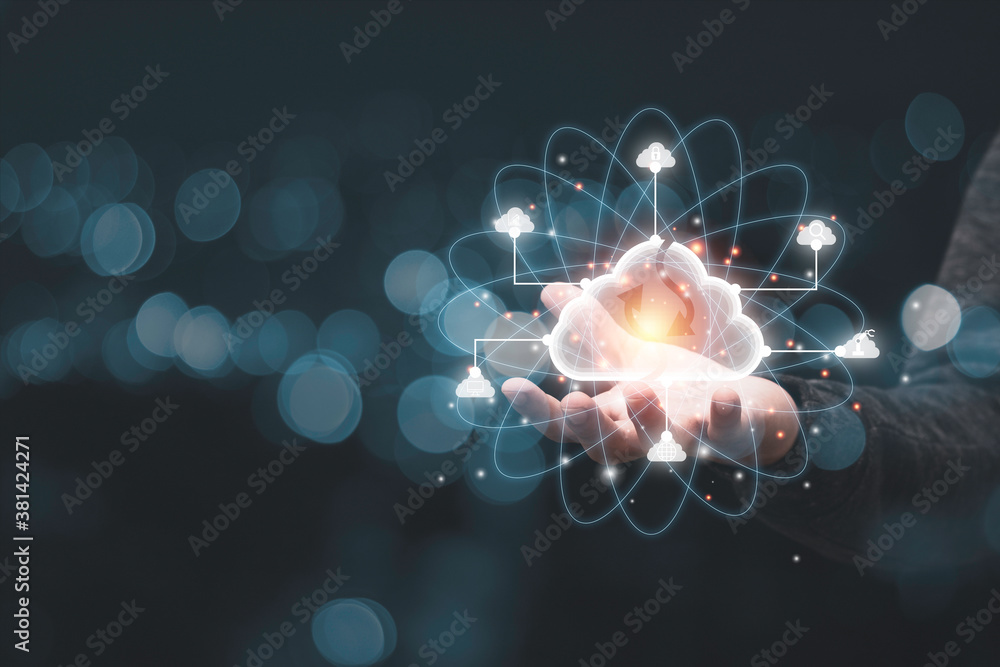 Poster hand holding virtual cloud illustration icon with black background. cloud technology system is compu