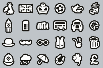 United Kingdom Country & Culture Icons White On Black Sticker Set Big