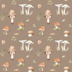 mushrooms forest plant wild watercolor children's pattern background fabric textile season autumn brown dark scandinavian style